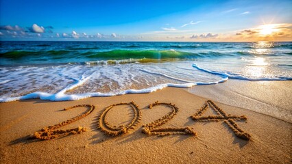 The word 2024 written on the beach, sand drawing, symbol of year. Ocean landscape background for calendar