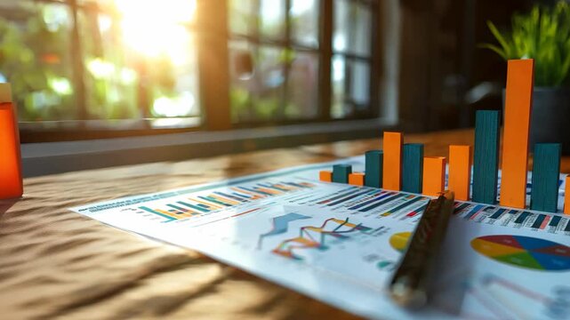  business office meeting room with nobody, closeup data paper sheet with strategy report chart on table