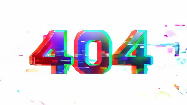 Colorful 404 error message with creative glitch effect. Abstract digital glitch art with vibrant colors and distorted patterns.