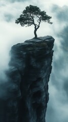 Lone tree on cliff amidst dense fog
