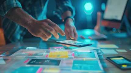 Fototapeta premium Man using phone for work