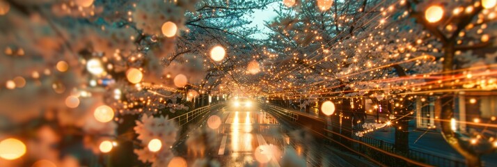 Cherry Blossoms in Spring Night Vertical Image with Zoom Motion Blur 9 16 Aspect Ratio Long Exposure