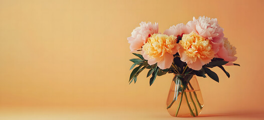 Beautiful peony flower in a glass vase isolated on an orange background, with copy space design