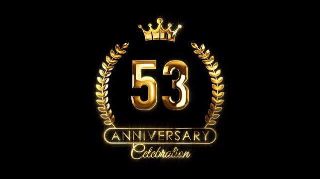 53rd Anniversary Celebration. Happy 53 Years Anniversary Animation in Gold Color on the Transparent Background, Alpha Channel. Great for greetings, celebrations, events, and gifts.