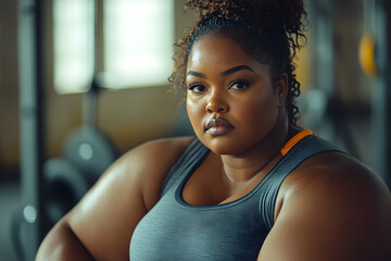 plus size overweight black woman in sportwear doing sport exercises at gym fitness twith sweaty face. Sports training equipment workout, 