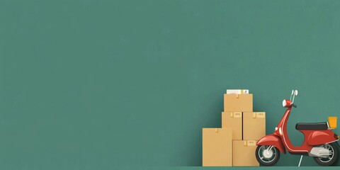 Obraz premium Food Delivery Boxes and Motorcycle on a Green Background