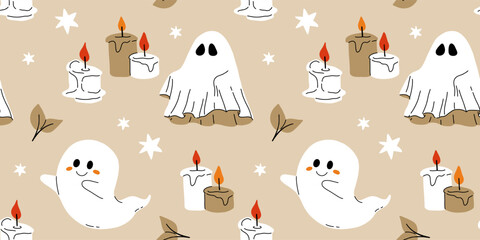 Red beige and black seamless prints with Halloween decorative elements - ghost, pumpkin, sculls. Cute vector characters, decor objects - sweets, pumpkin, witch, ghost, bat. Pattern design