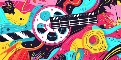 Abstract film reel and clapperboard art.