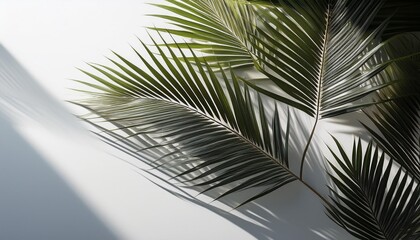 Shadow of palm tree leaves cast on a white surface, creating a tropical touch against a clear background.