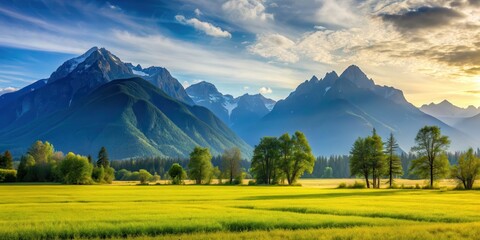 Fototapeta premium Serene countryside field with towering mountains and lush trees, nature, landscape, peaceful, scenic, rural, countryside