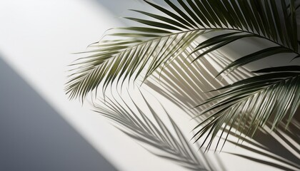 Shadow of palm tree leaves cast on a white surface, creating a tropical touch against a clear background.