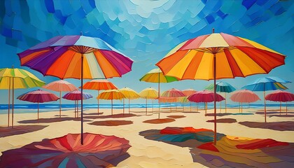 A painting depicting colorful beach umbrellas casting shadows on the sand under a bright sun on a summer day
