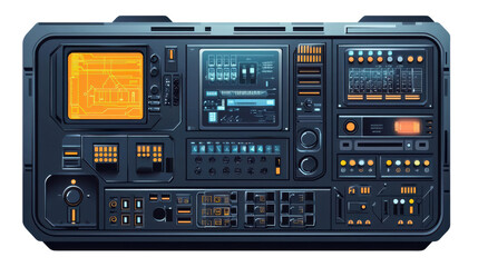 Control panel with switches and buttons in industrial automation interface isolated on transparent background