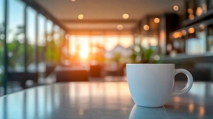 Office with large windows to nature and sunset. On the desk a white mug, next to a plant, modern style.