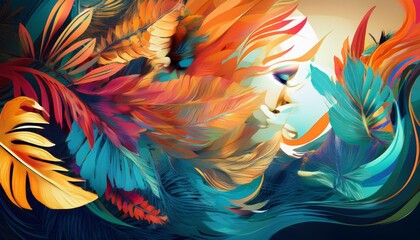 A digital art piece featuring an abstract portrait with colorful foliage, resembling a tropical paradise