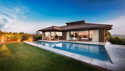 A house with a pool in front of it