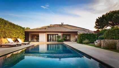 A house with a pool in front of it