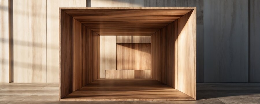 Elegant wooden cube displaying intricate interior architecture in modern minimalist space