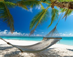 Relax on a hammock hanging from a palm tree on a tropical beach with white sand and ocean views