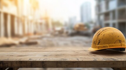Construction Helmet on a Blurred Construction Site Table