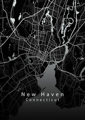 Minimalist black map of New Haven, Connecticut – A modern map print highlighting infrastructure of the city, useful for tourism purposes
