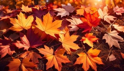 Fototapeta premium A close-up photo of a ground covered in fallen maple leaves, showcasing the vibrant colors of autumn