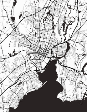 Minimalist white map of New Haven, Connecticut &ndash; A modern map print highlighting infrastructure of the city, useful for tourism purposes
