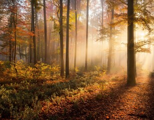 Fototapeta premium A serene autumn morning in the forest, with mist rolling through the trees