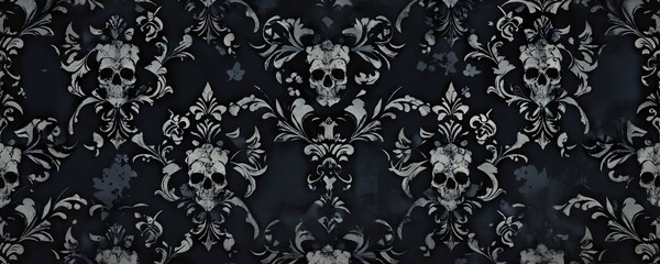 Dark ornamental design featuring skulls and floral patterns in gothic style