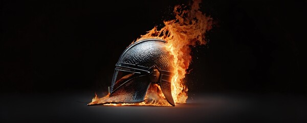 Ancient warrior helmet surrounded by flames creating a dramatic effect in a dark environment