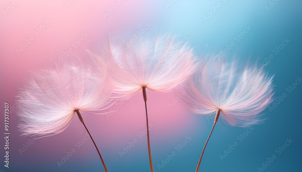 Wall mural Three dandelion seeds with delicate, pink feathers are backlit against a soft, pastel pink and blue background