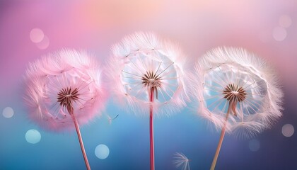 Three dandelion seeds with delicate, pink feathers are backlit against a soft, pastel pink and blue background