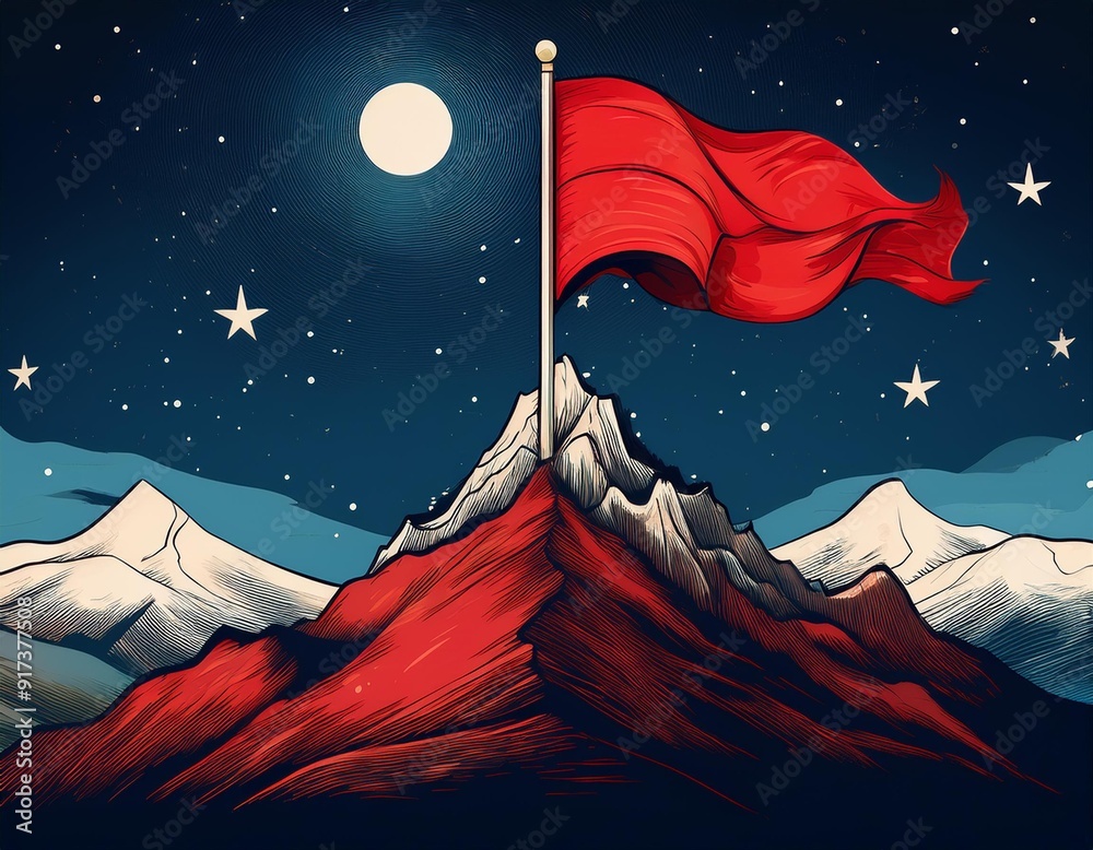 Wall mural an illustration of a red flag waving atop a mountain peak at night, with a starry sky in the backgro