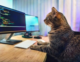 A cat sits on a computer desk, looking curiously at the screen and surroundings