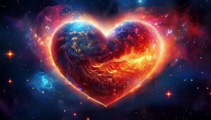 Obraz premium A heart-shaped planet engulfed in flames, floating amidst the stars and a swirling nebula