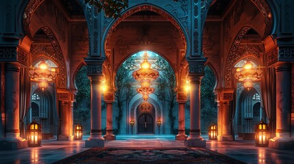 Obraz premium Eid Mubarak Royal Elegant Lamp with Mosque Holy Gate with fireworks copy space for text
