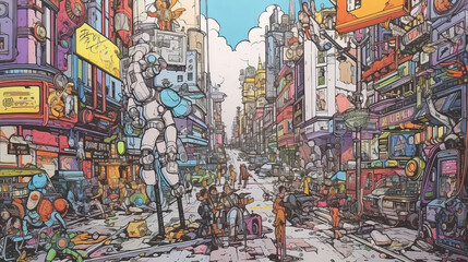 Fototapeta premium A colorful cartoon drawing of a futuristic cityscape, in the style of rough comic sketch, white background, flat colors, color markers, sleek buildings with holographic advertisements, robot