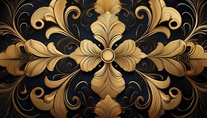 A black and gold wallpaper with an intricate design