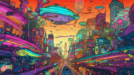 Obraz premium A colorful cartoon drawing of a futuristic cityscape, in the style of rough comic sketch, white background, flat colors, color markers, a city at night with vibrant neon signs, drones patroll