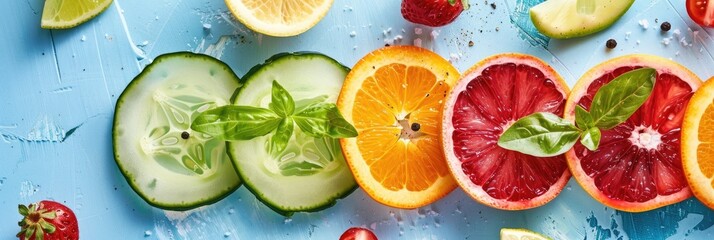 Slices of vegetables and fruits on a plate