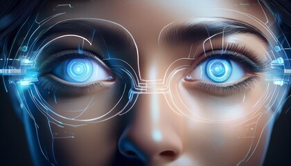 Augmented Reality conceptual illustration Eyes with holographic elements or heads-up displays, representing futuristic technology or augmented reality