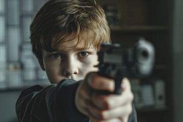 A young boy holds a toy gun directly at the camera, his serious expression highlighted by soft lighting, creating a moment of tension and intrigue.