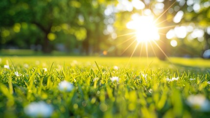 Close-up of grass with small white flowers in a sunlit park