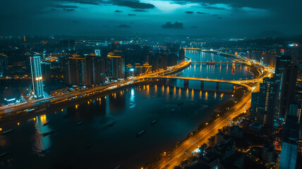 Fototapeta premium A drone captures the night-time beauty of a city with lit bridges and reflecting water surfaces