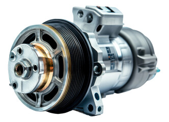 Close-up of a car engine water pump in a workshop under bright lighting, cut out - stock png.