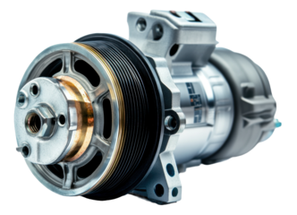 Close-up of a car engine water pump in a workshop under bright lighting, cut out - stock png.