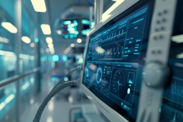 A digital heart monitor in a modern hospital displays vital signs in real-time, with a futuristic touch and ambient lighting.
