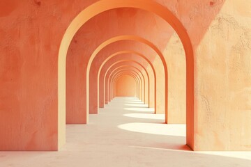 Fototapeta premium Vibrant rainbow colors on a 3D arch display - Stunning 3D image featuring a vibrantly colored arch in a minimalist yellow environment. Beautiful simple AI generated image in 4K, unique.
