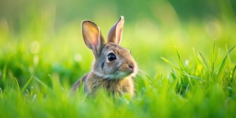 Fototapeta premium A cute rabbit blending into the green grass field, rabbit, grass, bunny, nature, wildlife, fluffy, animal, outdoor, green