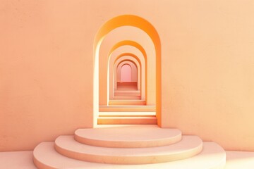 Vibrant rainbow colors on a 3D arch display - Stunning 3D  image featuring a vibrantly colored arch in a minimalist yellow environment. Beautiful simple AI generated image in 4K, unique.